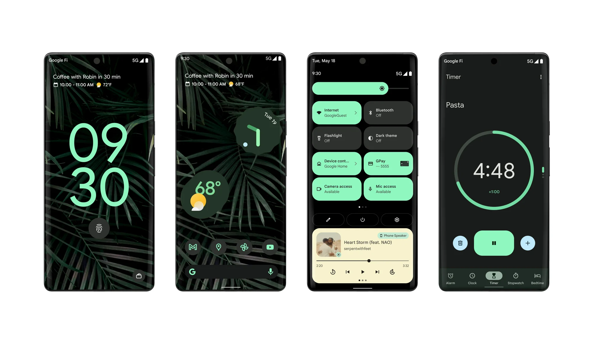 Four phones showing the new Material You design across different phone UI surfaces