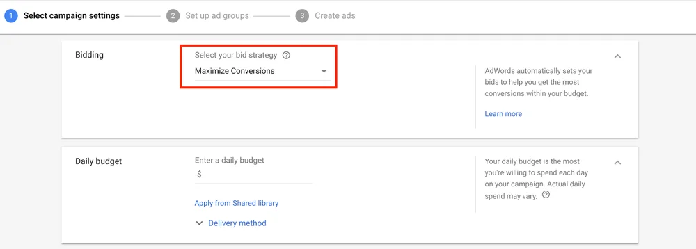 Maximize Conversions campaign settings