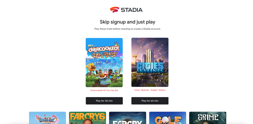 A white Stadia webpage shows the Stadia logo and two game key art images, including black boxes underneath each that display how long each trial lasts.