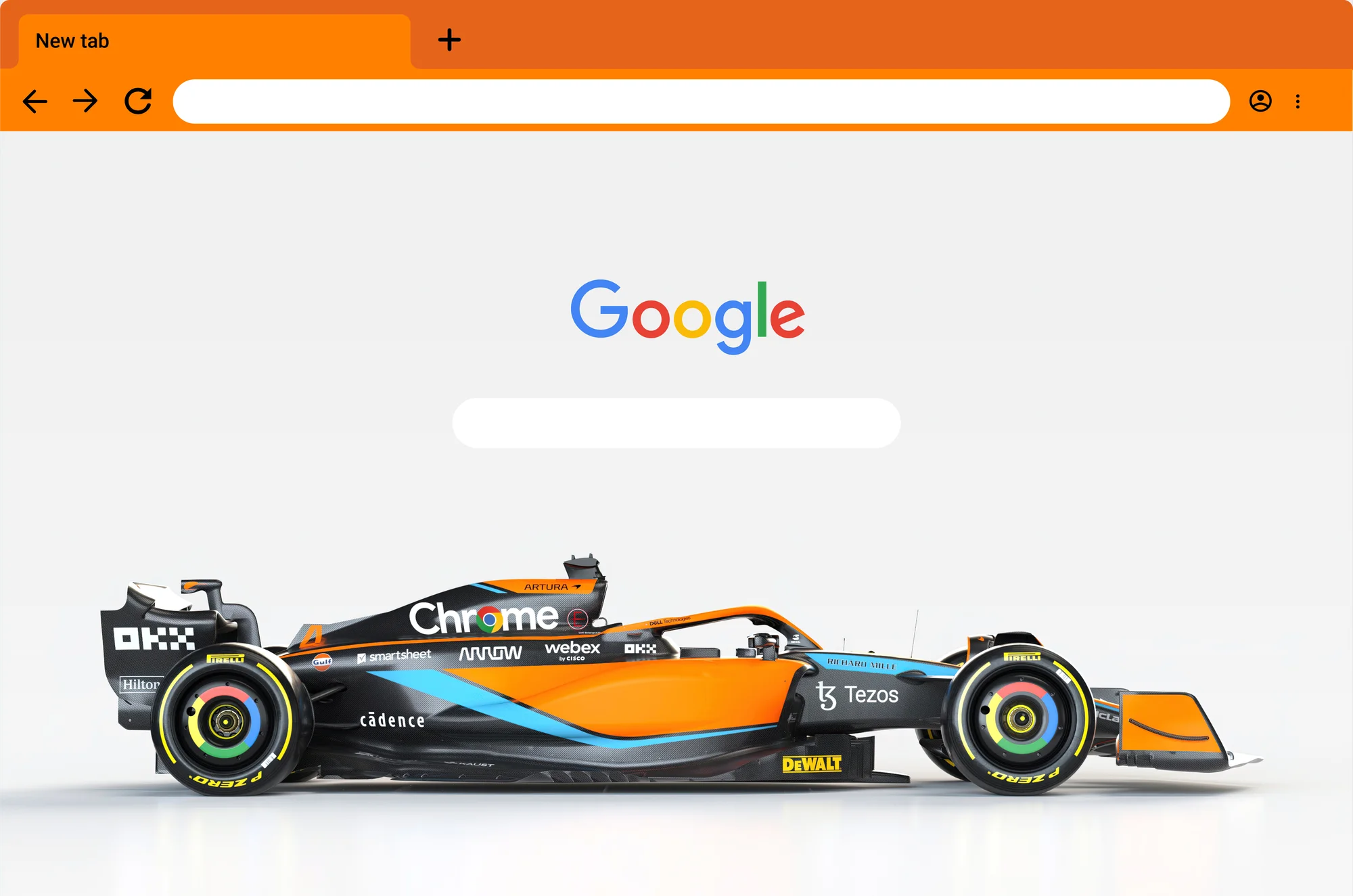 Image of a Chrome browser window with the McLaren F1 car, showcasing the Chrome logo on its engine cover.