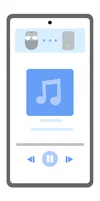 A mock of an Android phone with a blue album cover shows how users will be able to swap between devices with notifications on their phone.