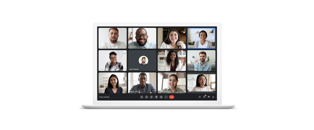 Google Meet video meeting with 12-person tile view.