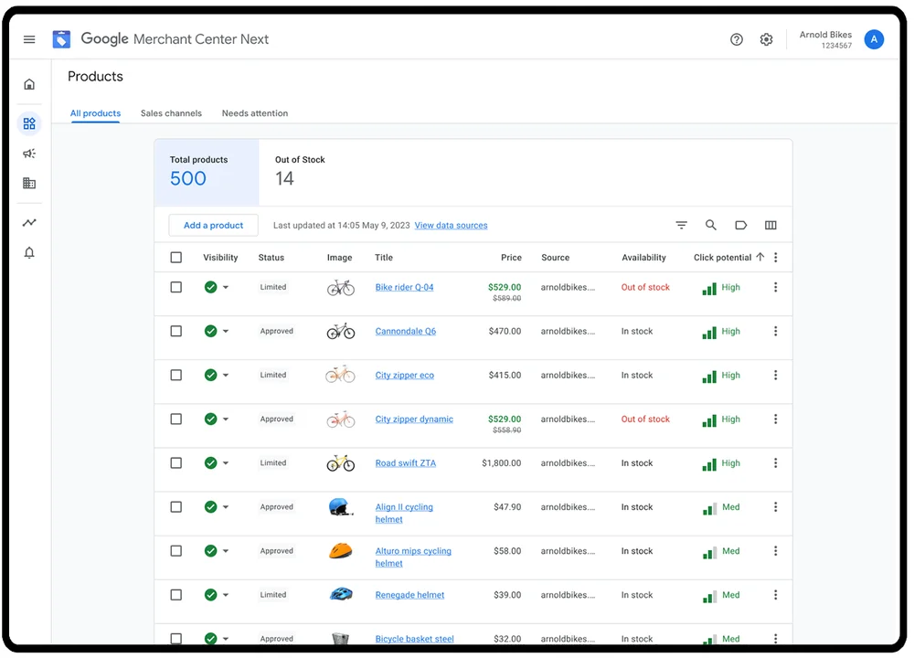 A page titled “Products” shows a list of product details in grid view. There are various columns, including “visibility,” “status,” product thumbnails and “click potential.”