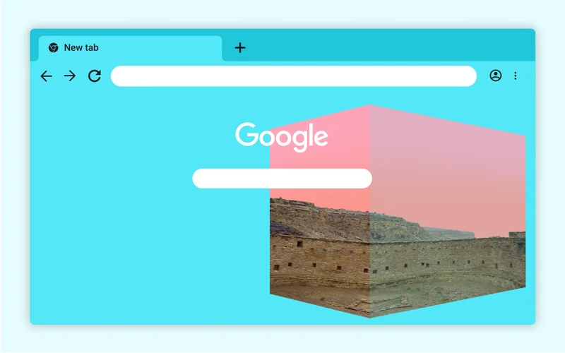 A Chrome browser wallpaper showing a geometric box containing an image of a desert landscape against the horizon.