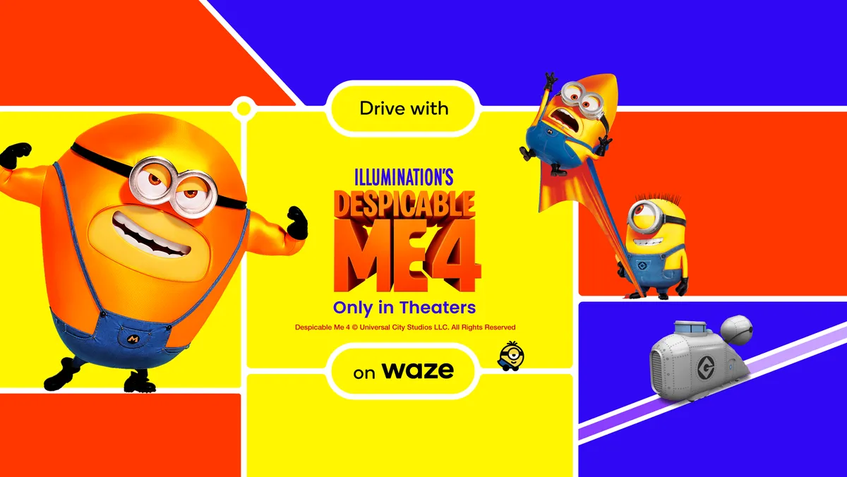 Illumination’s Despicable Me 4 only in theaters appears in large orange text with images of Despicable Me yellow Minions.