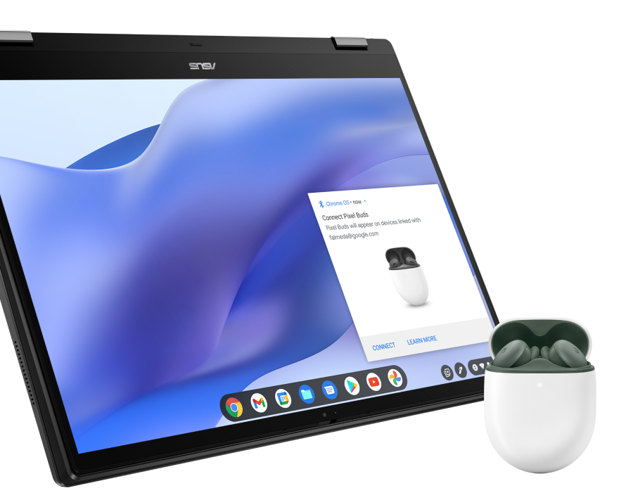 Image d'un Chromebook affichant une notification indiquant que les écouteurs sont prêts à être couplés.  Une image de Pixel Buds flotte au-dessus de l'image.