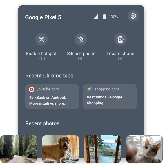 Un Chromebook Phone Hub zoomé exagère la nouvelle section intitulée "Photos récentes".