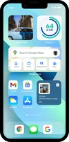 iPhone 13 showing Google Maps, Google Fit, YouTube Music and Google Photos widgets.