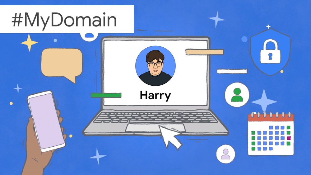 An illustration showing Harry's face and name on a laptop screen, surrounded by images symbolizing productivity.