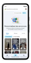 Écran de téléphone fictif de Mes préférences publicitaires montrant la section "Personnaliser les annonces" où vous pouvez choisir les sujets et les marques que vous voulez voir plus ou moins.