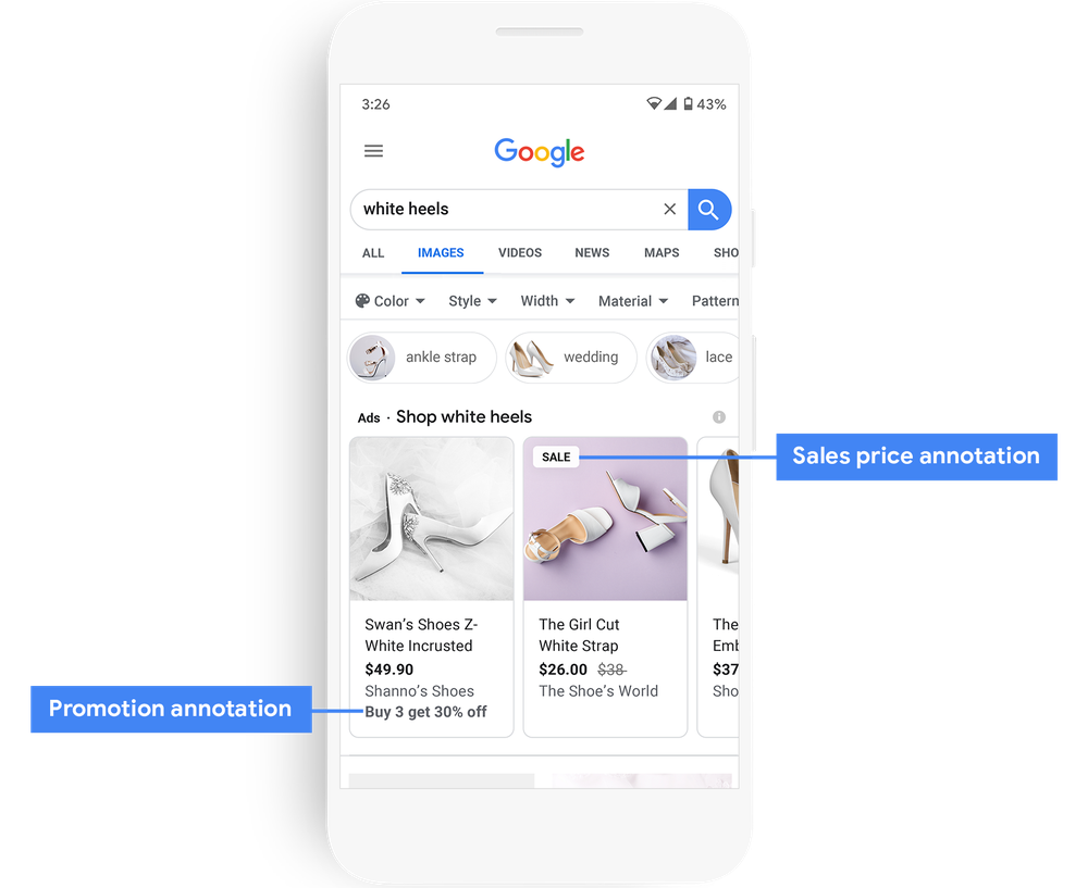 Example of Shopping ads on Google Images (U.S. only). Shows sales price annotation and promotion annotation.
