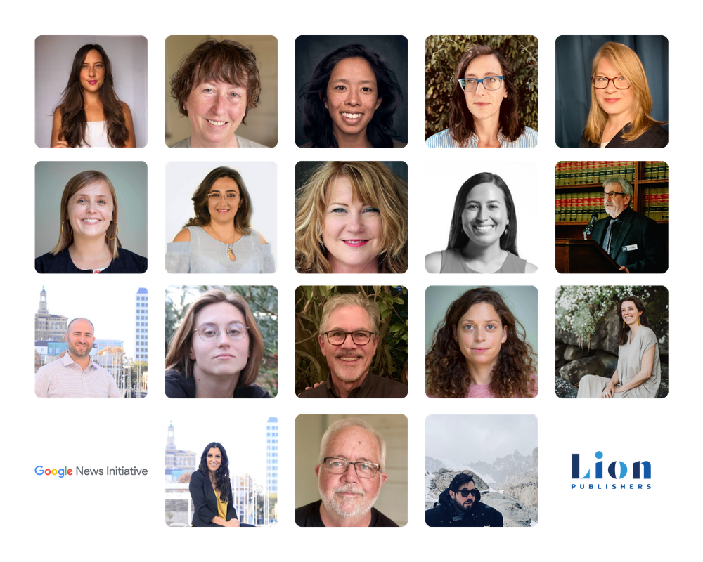 This is a photographic image of 18 different faces of the 10 founding teams who took part in the Google News Initiative Startups Lab. The images are in color and there are 13 women and 5 men.