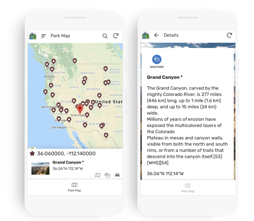 Image showing two phone screens side by side. One has a map with different parks on it, the other has a description of the Grand Canyon.