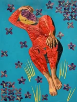 A figure covered with red, yellow, and purple corn husks lie on a blue ground, covered with purple flowers. The figure lies on their back, with their knees bent, with one arm holding up their leg and with the other wrapped around their head.