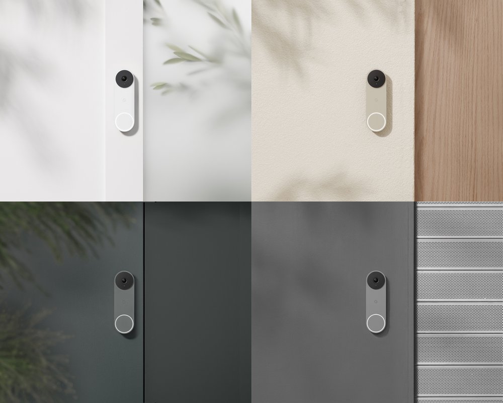 A collage of the Nest Doorbell (wired, 2nd gen) in its four colors: Snow, Linen, Ash and Ivy.
