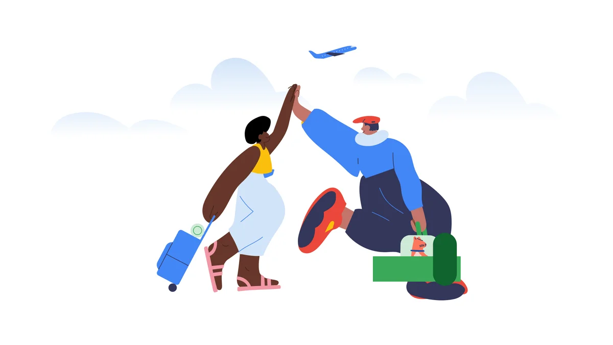 An illustration of two people high-fiving while an airplane flies overhead. One rolls a blue suitcase behind them and the other carries a cat in a travel bag.