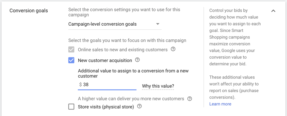 Screenshot showing Smart Shopping campaigns' new customer acquisition value