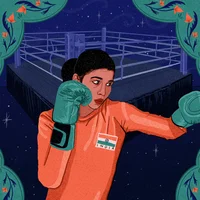 Illustration of a boxer dressed in orange long sleeve shirt with the flag of India on it, hands up in green boxing gloves, against a dark blue background of a boxing ring, flowers, and stars.