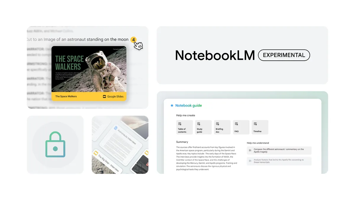 an image with a picture showing an astronaut on the moon, a lock icon, a doc with the words Notebook guide, and the title NotebookLM (experimental)