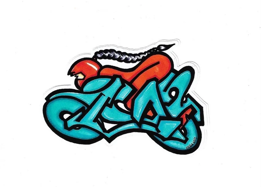 A colorful blue, red, and white sticker of a stylized woman riding a motorcycle with a long braid. The motorcycle and woman are stylized to look like graffiti writing.