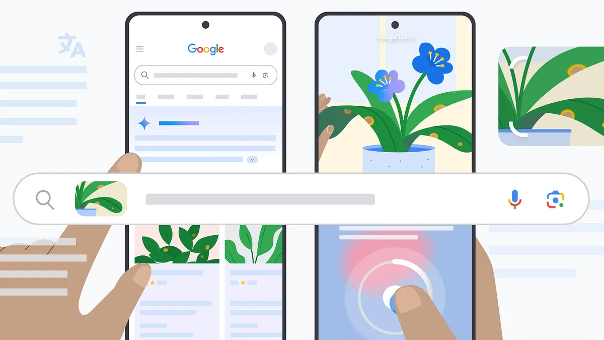 Detalhes da Busca do Google com a barra de pesquisa e ilustrações de flores