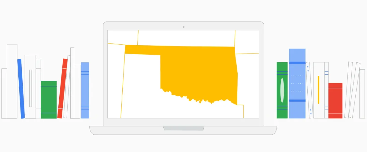 An illustration of a laptop surrounded by books, some of which are in various Google colors. On the laptop screen is a map with Oklahoma colored in yellow.