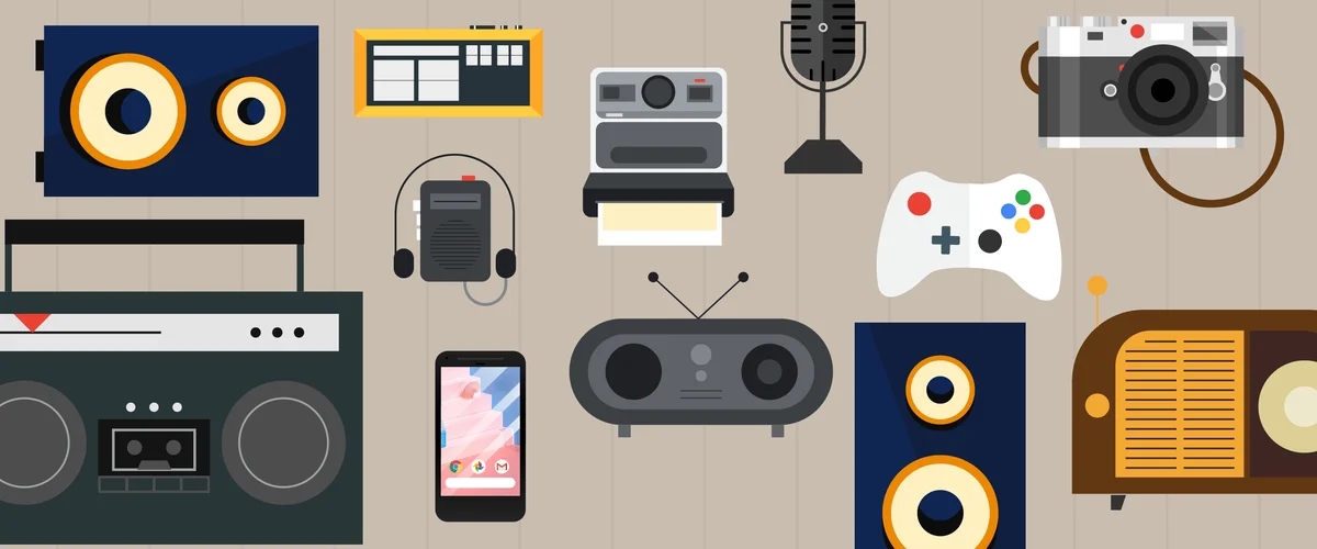 Illustration of various outdated electronics items, like a boom box, a camera, a stereo, a smartphone, against a brown background.