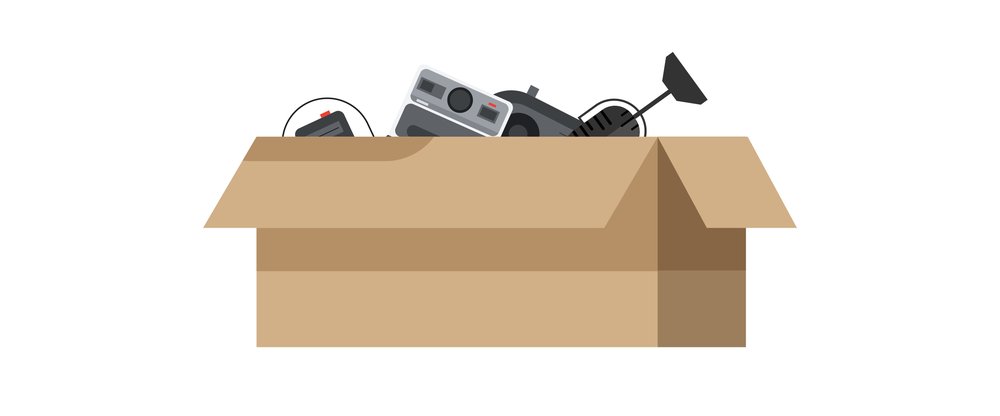 Illustration of a box with old electronics in it.