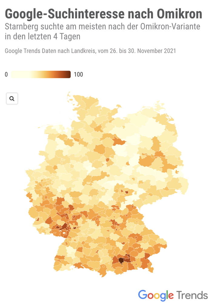 Eine Deutschlandkarte in verschiedenen gelb und rot-Tönen, die das Suchinteresse nach Omikron anzeigen. Im Süden und Westen der Karte wird es stärker.