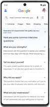 The image shows a smartphone screen displaying the Google generative search experience results page. The search query "most common interview questions" is visible in the search bar at the top. Below the search bar, there's a notice that generative AI is experimental and the info quality may vary. Four common interview questions are listed on the screen with drop-down options to read more. The questions are: "What are your strengths?", "Tell me about yourself", "Why did you apply?", and "What are your weaknesses?". Each question provides a brief insight into why interviewers ask these questions, but the full explanations are truncated and not visible without expanding the sections.