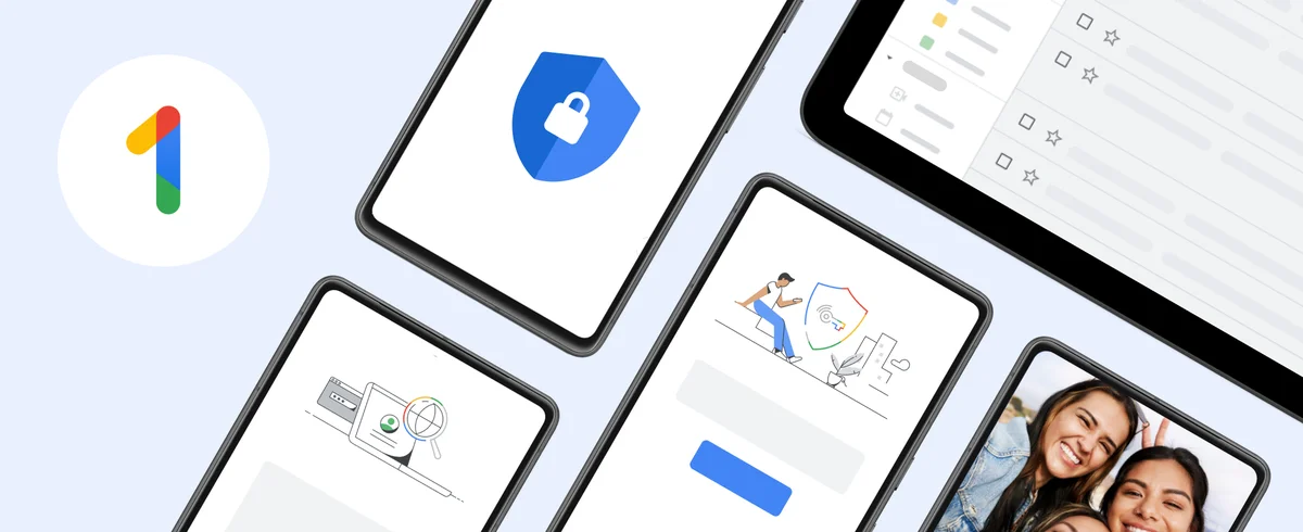 The Google One icon hovers next to a group of devices showing security shields and other photos on their screens.