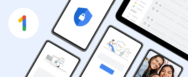 El ícono de Google One se encuentra junto a un grupo de dispositivos que muestran escudos de seguridad y otras fotos en sus pantallas