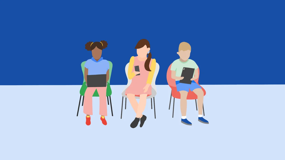 Illustration of four children sitting on chairs and looking at mobile devices.