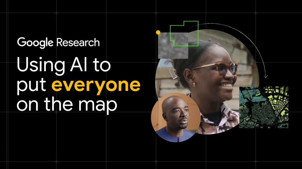 illustration of a person smiling and the phrase "Using AI to put everyone on the map"