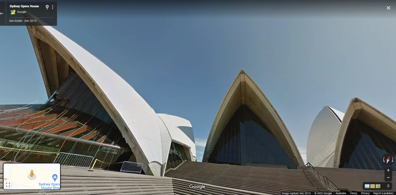 Street View imagery showing the outside sails of the Sydney Opera House