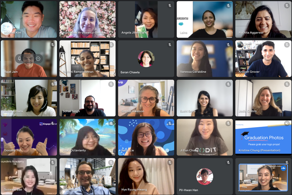 Group photo of the women founders and the Google for Startups team at their virtual graduation event. The participants are pictured in a grid format smiling at the camera.