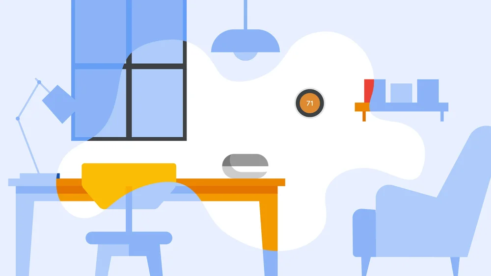 In an illustration of a home, a Google Nest mini emits a warm, colorful bubble across an otherwise cold, blue background.