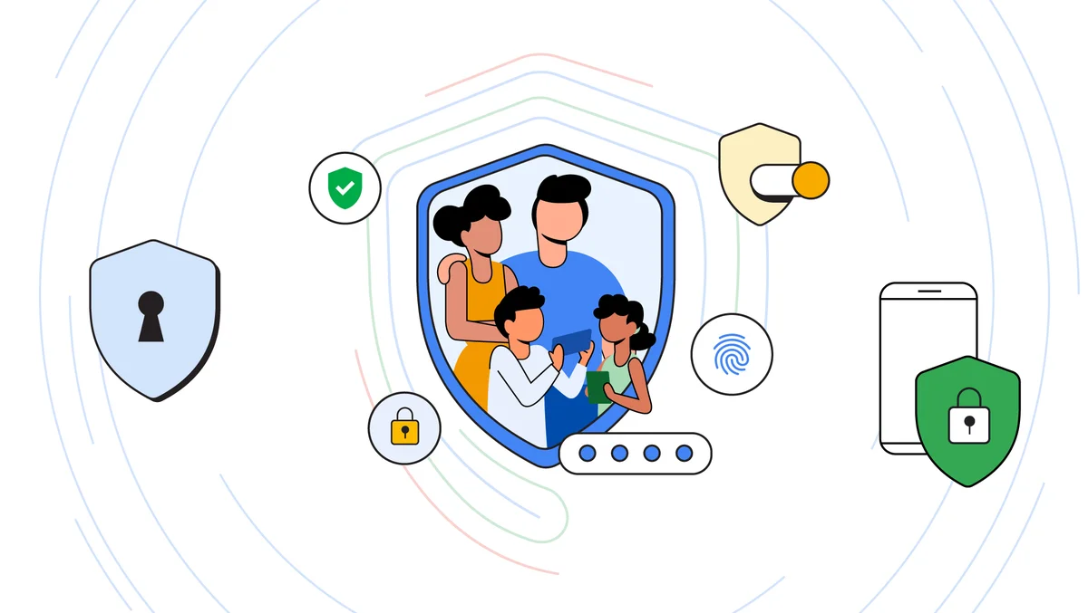 a graphic illustration of 2 adults and 2 children playing together, surrounded by icons of a lock, a shield, a keyhole, a fingerprint, and a smartphone