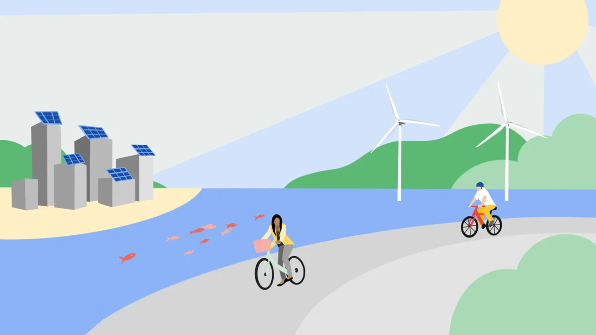 An illustration of two people on bicycles riding past a river full of fish, a wind farm and a solar power plant, with the sun shining down.