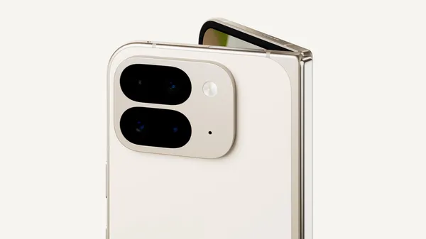 Image of a partially open Pixel 9 Pro Fold — shown in the color Porcelain.