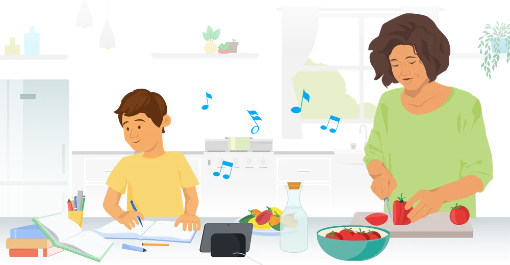 
                         
                           A mother cooks dinner in the kitchen as a child sits next to her doing their homework. The child is using Google Assistant on their Nest Hub Max, which is playing music.
                         
                       