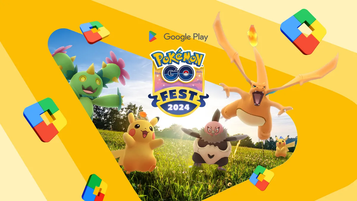 Four Pokémon characters are playing around the Pokémon GO Fest 2024 logo on a yellow background surrounded by the Google Play Points logo