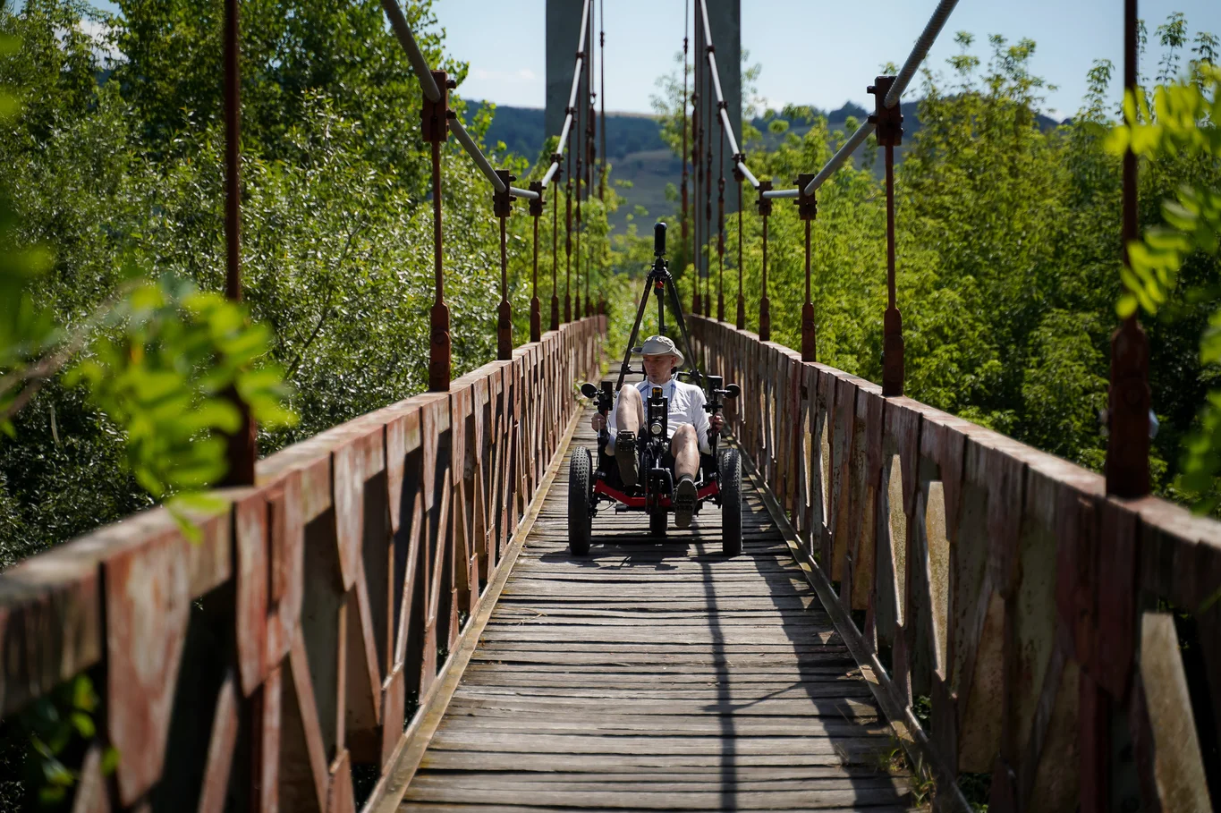 The Street View trike crossing a narrow bridge.