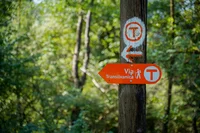 Close up view of Via Transilvanica’s orange trail signs.