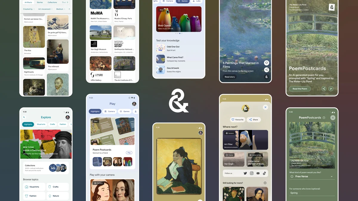 Several mobile phone screens showing a diverse set of artworks and app features