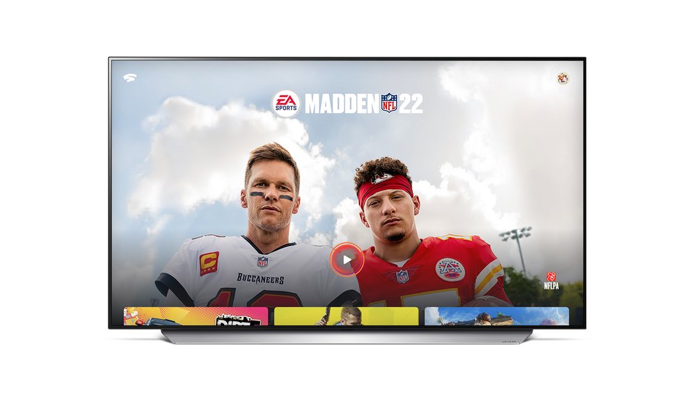 The image shows the Stadia user interface on an LG Smart TV, with two NFL football players in white and red uniforms looking down with a blue and white sky in the background.