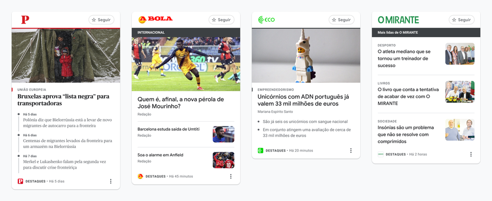 This image shows four different News Showcase panels (including timeline and related articles)  with just some of our news partners in Portugal