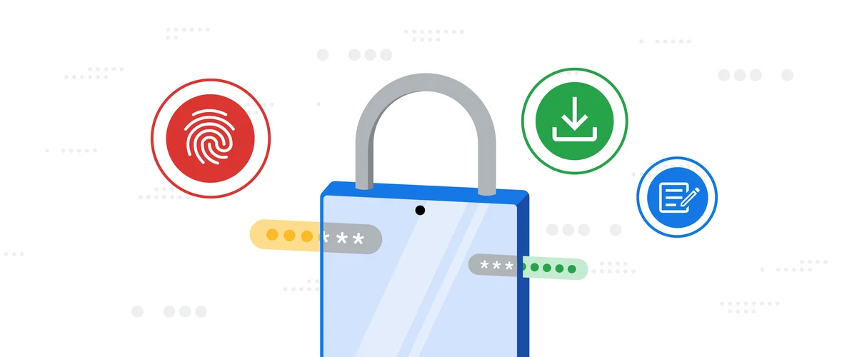 An illustration of a fingerprint, padlock, download icon and hashed passwords.