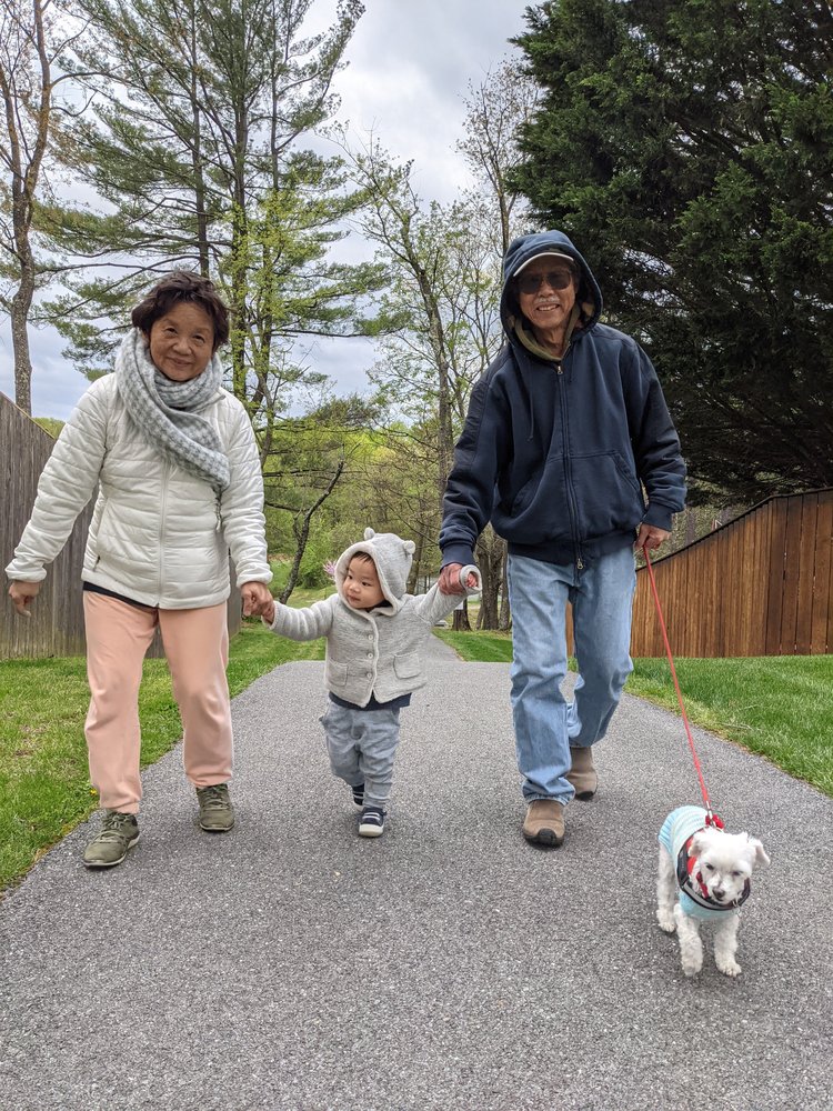 Tony’s parents, Owen, and a small white dog named Lulu all holding hands walking down a sidewalk together with trees in the background.