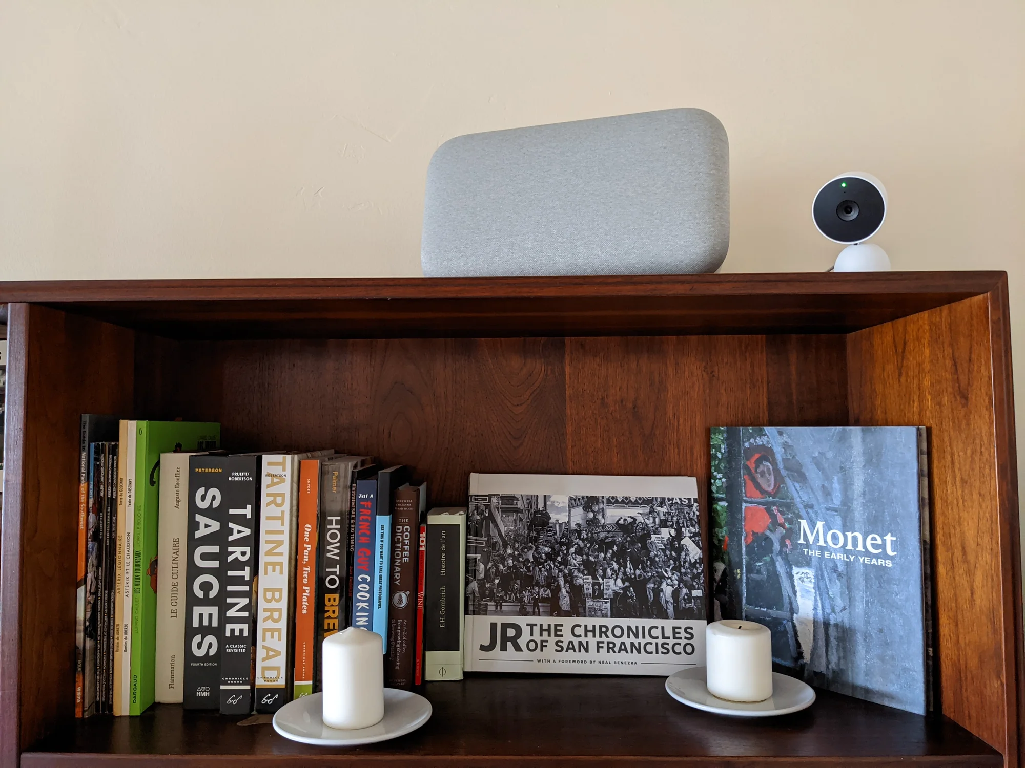 Nest Cam up high on a bookshelf helps keep an eye on the living room